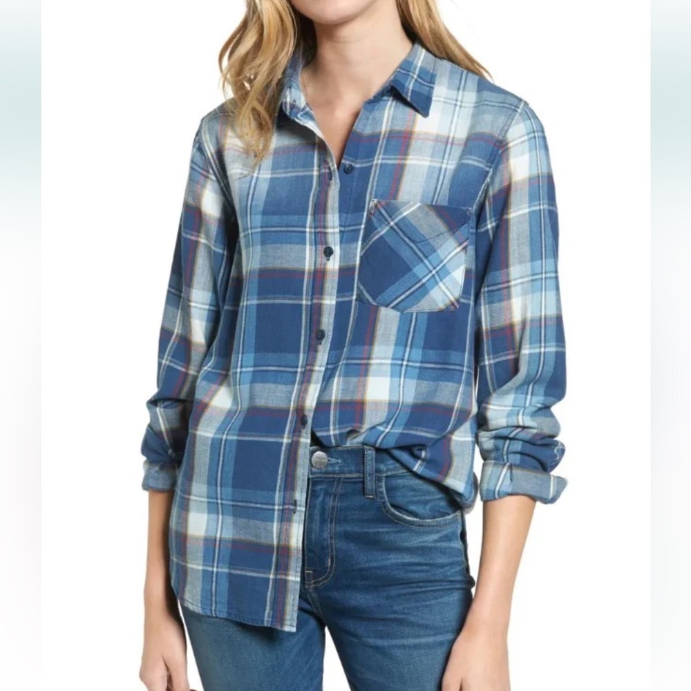 Current Elliott Shirt Blue Boyfriend Button-Up Plaid Cotton Shirt
